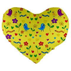 Yellow Cute Birds And Flowers Pattern Large 19  Premium Heart Shape Cushions by Valentinaart