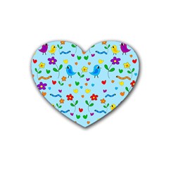 Blue Cute Birds And Flowers  Rubber Coaster (heart)  by Valentinaart