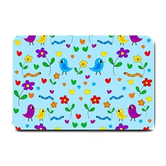 Blue Cute Birds And Flowers  Small Doormat  by Valentinaart