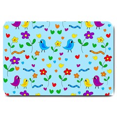 Blue Cute Birds And Flowers  Large Doormat  by Valentinaart