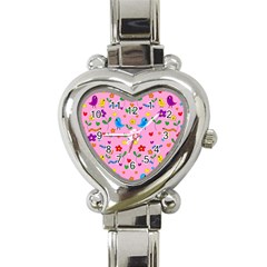 Pink Cute Birds And Flowers Pattern Heart Italian Charm Watch by Valentinaart