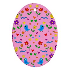 Pink Cute Birds And Flowers Pattern Oval Ornament (two Sides) by Valentinaart