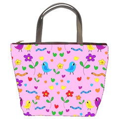 Pink Cute Birds And Flowers Pattern Bucket Bags by Valentinaart