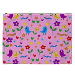 Pink Cute Birds And Flowers Pattern Cosmetic Bag (xxl)  by Valentinaart