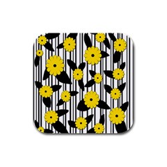 Yellow Floral Pattern Rubber Square Coaster (4 Pack)  by Valentinaart