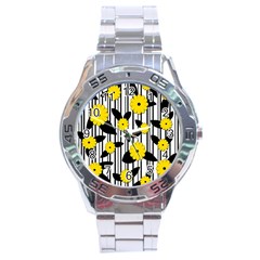 Yellow Floral Pattern Stainless Steel Analogue Watch by Valentinaart