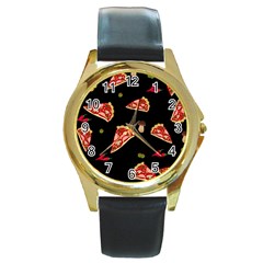 Pizza Slice Patter Round Gold Metal Watch by Valentinaart