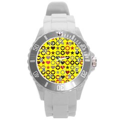 Heart Circle Star Seamless Pattern Round Plastic Sport Watch (l) by Amaryn4rt