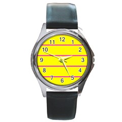Background Image Horizontal Lines And Stripes Seamless Tileable Magenta Yellow Round Metal Watch by Amaryn4rt