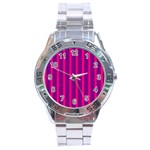 Deep Pink And Black Vertical Lines Stainless Steel Analogue Watch Front