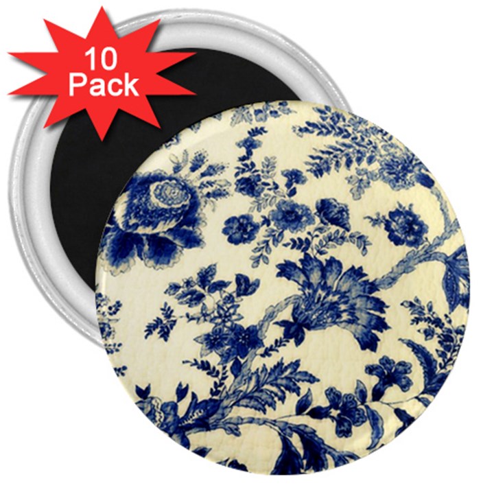 Vintage Blue Drawings On Fabric 3  Magnets (10 pack) 