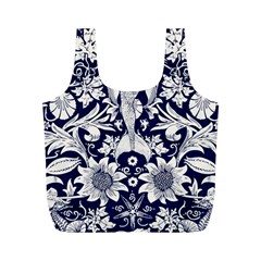 White Dark blue flowers Full Print Recycle Bags (M) 