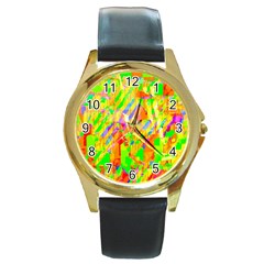 Cheerful Phantasmagoric Pattern Round Gold Metal Watch by Amaryn4rt