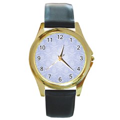 Damask Pattern Wallpaper Blue Round Gold Metal Watch