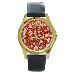 Pizza Pattern Round Gold Metal Watch