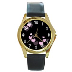 Pink Harts Design Round Gold Metal Watch