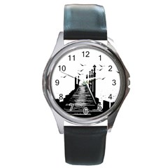 The Pier The Seagulls Sea Graphics Round Metal Watch by Amaryn4rt