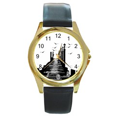The Pier The Seagulls Sea Graphics Round Gold Metal Watch by Amaryn4rt