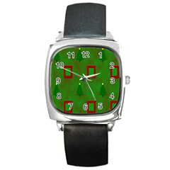 Christmas Trees And Boxes Background Square Metal Watch