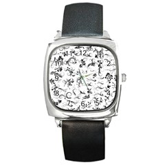 Flower Floral Black Leaf Square Metal Watch