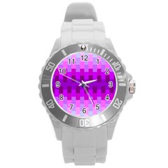 Geometric Cubes Pink Purple Blue Round Plastic Sport Watch (l) by Nexatart