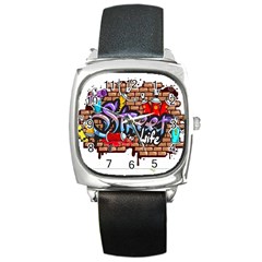 Graffiti Word Characters Composition Decorative Urban World Youth Street Life Art Spraycan Drippy Bl Square Metal Watch by Foxymomma