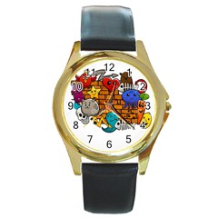 Graffiti Characters Flat Color Concept Cartoon Animals Fruit Abstract Around Brick Wall Vector Illus Round Gold Metal Watch by Foxymomma