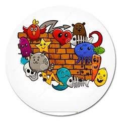 Graffiti Characters Flat Color Concept Cartoon Animals Fruit Abstract Around Brick Wall Vector Illus Magnet 5  (round) by Foxymomma