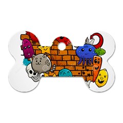 Graffiti Characters Flat Color Concept Cartoon Animals Fruit Abstract Around Brick Wall Vector Illus Dog Tag Bone (two Sides) by Foxymomma