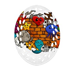 Graffiti Characters Flat Color Concept Cartoon Animals Fruit Abstract Around Brick Wall Vector Illus Ornament (oval Filigree) by Foxymomma