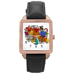 Graffiti Characters Flat Color Concept Cartoon Animals Fruit Abstract Around Brick Wall Vector Illus Rose Gold Leather Watch  by Foxymomma