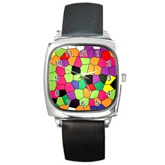 Stained Glass Abstract Background Square Metal Watch by Nexatart