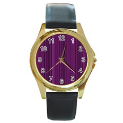 Deep Purple Lines Round Gold Metal Watch by Valentinaart