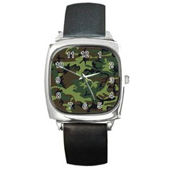 Camouflage Green Brown Black Square Metal Watch by Nexatart