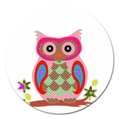 Owl Colorful Patchwork Art Magnet 5  (round)