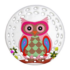 Owl Colorful Patchwork Art Round Filigree Ornament (two Sides) by Nexatart