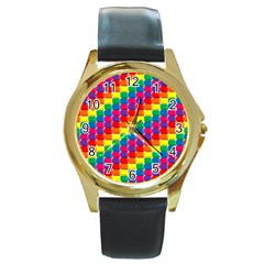 Rainbow 3d Cubes Red Orange Round Gold Metal Watch by Nexatart