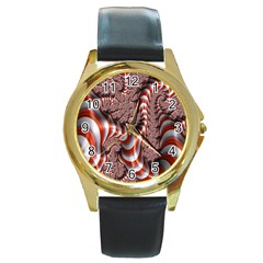 Fractal Abstract Red White Stripes Round Gold Metal Watch