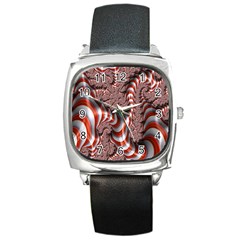 Fractal Abstract Red White Stripes Square Metal Watch