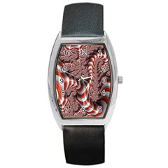 Fractal Abstract Red White Stripes Barrel Style Metal Watch