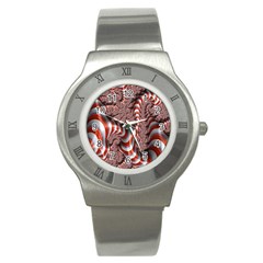 Fractal Abstract Red White Stripes Stainless Steel Watch