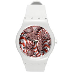 Fractal Abstract Red White Stripes Round Plastic Sport Watch (M)