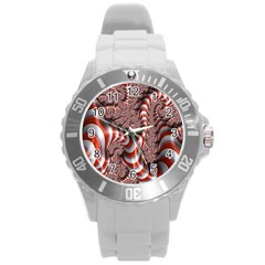 Fractal Abstract Red White Stripes Round Plastic Sport Watch (l)