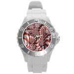 Fractal Abstract Red White Stripes Round Plastic Sport Watch (L) Front