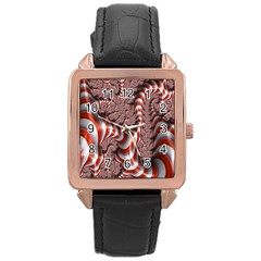Fractal Abstract Red White Stripes Rose Gold Leather Watch 