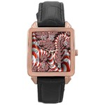 Fractal Abstract Red White Stripes Rose Gold Leather Watch  Front