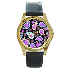 Paisley Pattern Background Colorful Round Gold Metal Watch