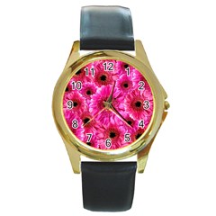 Gerbera Flower Nature Pink Blosso Round Gold Metal Watch by Nexatart