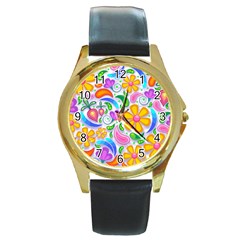 Floral Paisley Background Flower Round Gold Metal Watch