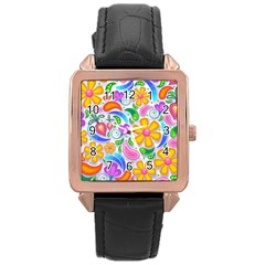 Floral Paisley Background Flower Rose Gold Leather Watch 